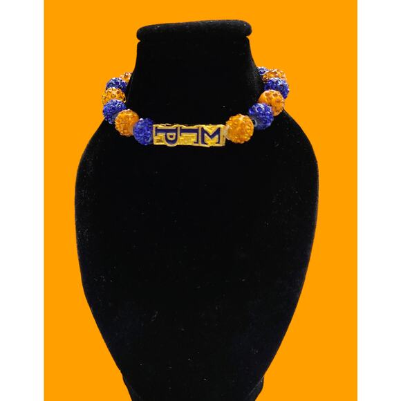 Sigma Gamma Rho Bracelet Blue and Gold Rhinestone Pearls with Logo Block - Picture 2 of 5